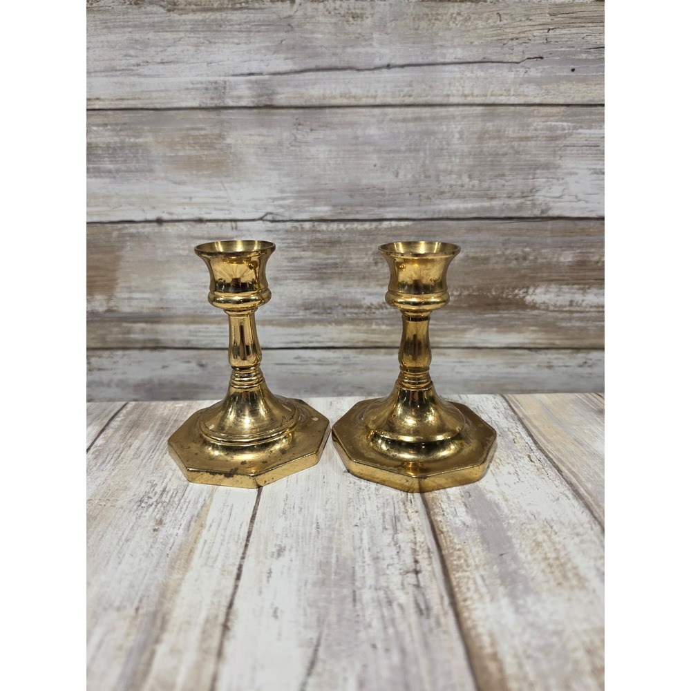 Vintage UNMATCHED Brass Candlestick Holders Pair Octagonal Base Gold Taper READ